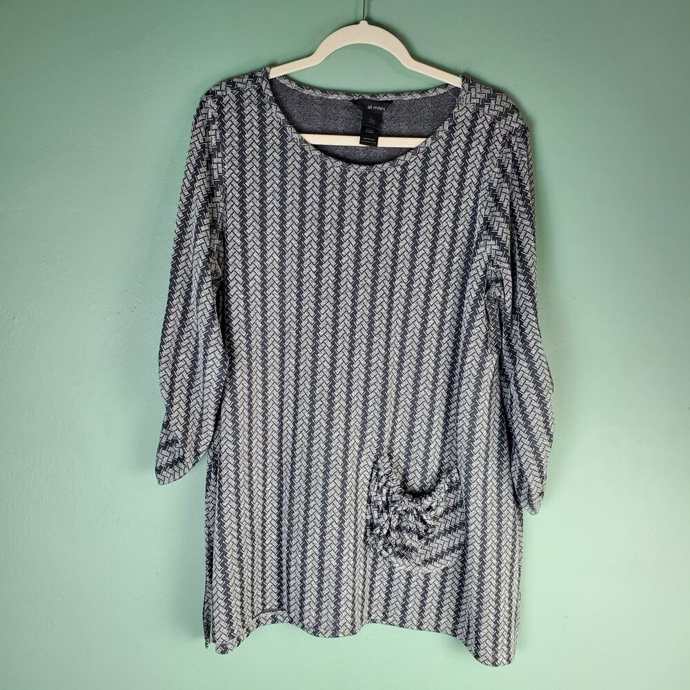 Ali Miles Womens Gray Tunic Top Chevron Pattern Pocket Lagenlook Size Large